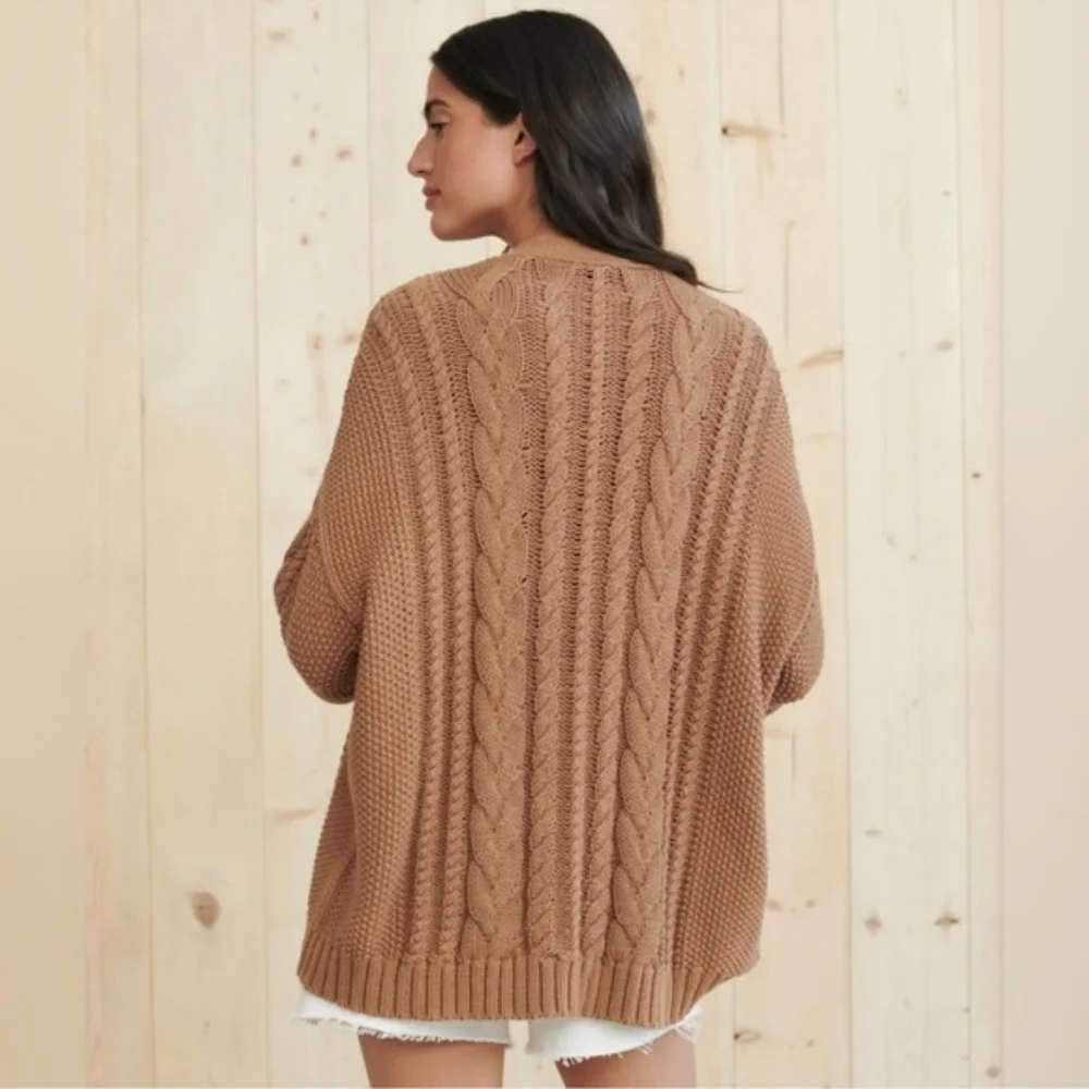 NWOT Jenni Kayne Cable Cardigan Sweater Oversized Dark Carmel Tan Brown XXS-S - Picture 7 of 9